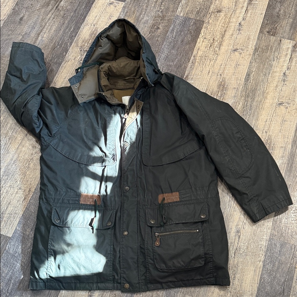 London Fog Gray and Brown Hooded Down Filled Jacket